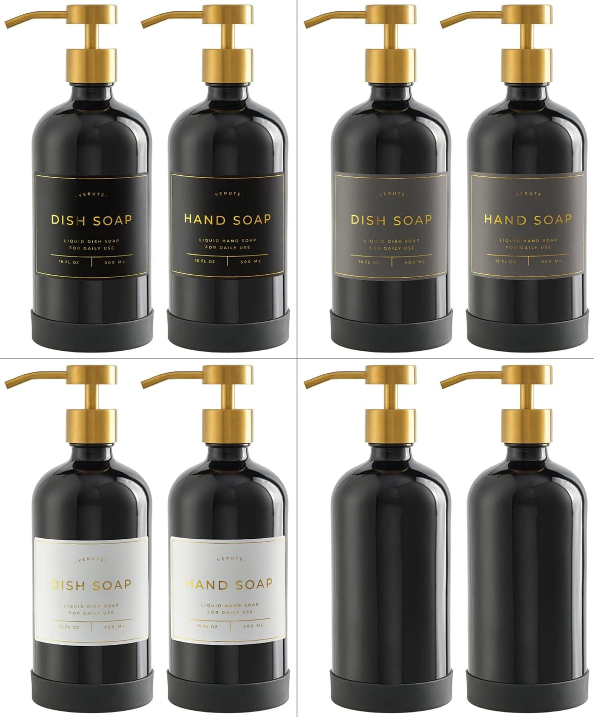 16oz Glass Soap Dispenser with Stainless Steel Pump, 21 Waterproof Labels, Non-Slip Protective Silicone Pad, Set of 2 for Bathroom & Kitchen (Gloss Black Bottle/Brushed Gold Pump)