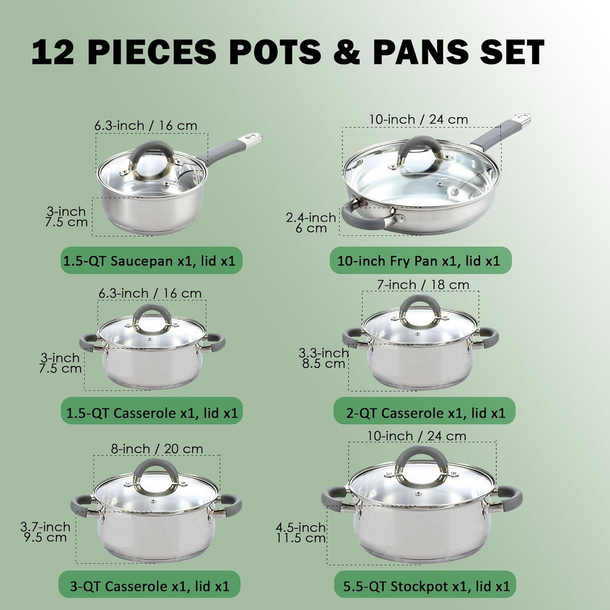 Cook N Home Kitchen Cookware Set, 12-Piece Basics Stainless Steel Pots and Pans Set with Grey Silicone Handle, Silver