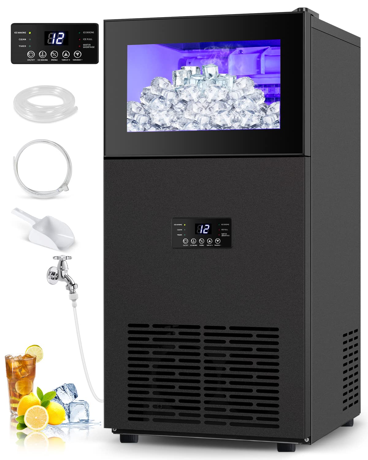 Upgraded Commercial Ice Maker - 130LBS/24H with 35LBS Storage Bin, 15" Wide Frosted Black Undercounter/Freestanding Ice Machine for Home Bar & Outdoor Use - Produces 45 Ice Cubes