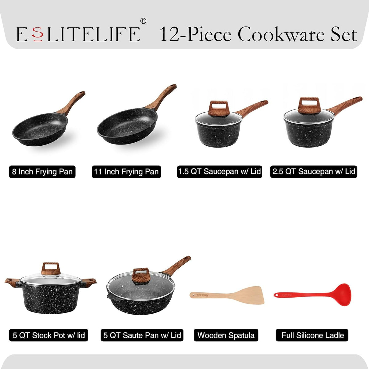 ESLITE LIFE Nonstick Cookware Sets, 12 Pcs Granite Coating Pots and Pans Set Kitchen Cooking Set, Compatible with All Stovetops (Gas, Electric & Induction), PFOA Free, Black