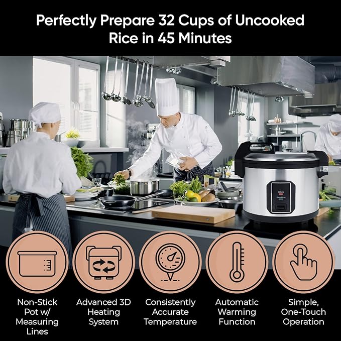 Commercial Stainless Steel Rice Cooker - Professional 64 Cup Cooked (32 Cup Uncooked) Rice Maker Cooker With Non Stick Pot & Hinged Lid - Includes a Rice Measuring Cup & Rice Scoop