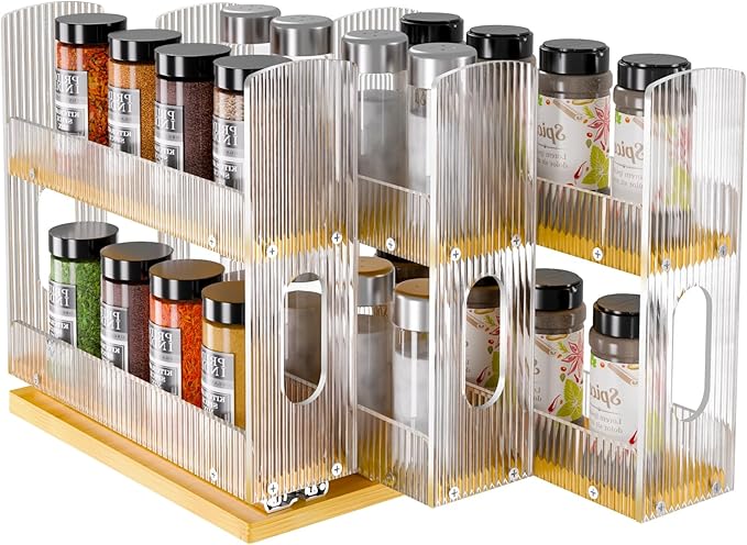 NiHome Bamboo Spice Rack Organizer for Cabinet, 3 Drawer Vertical Pull-Out Storage With Corrugated Acrylic Dividers, Two-Tier Design With Full-Extension Ball Bearing Slides (8.5 Inch Width)