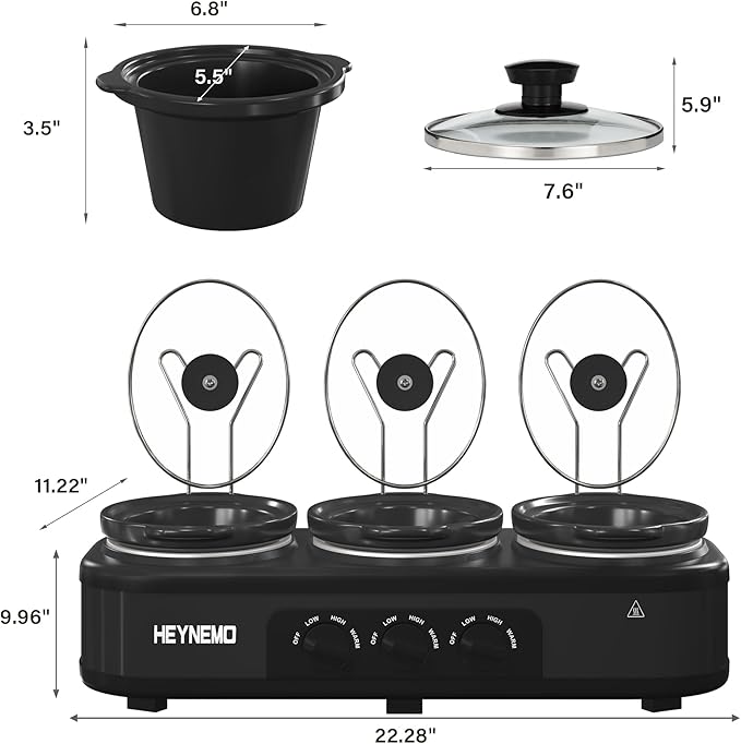 Triple Slow Cooker, 3×1.5 QT Buffet Servers and Warmers, 3 Pots Buffet Slow Cooker Adjustable Temp Lid Rests Stainless Steel Black