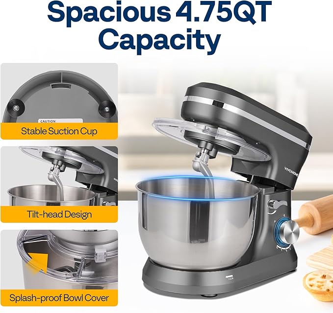 VIVOHOME 4.75 Quart Stand Mixer, 8 Speed Kitchen Electric Food Mixer, Household Stand Mixer for Baking, Cake, Bread with Beater, Dough Hook, Wire Whip and Egg Separator, Gray
