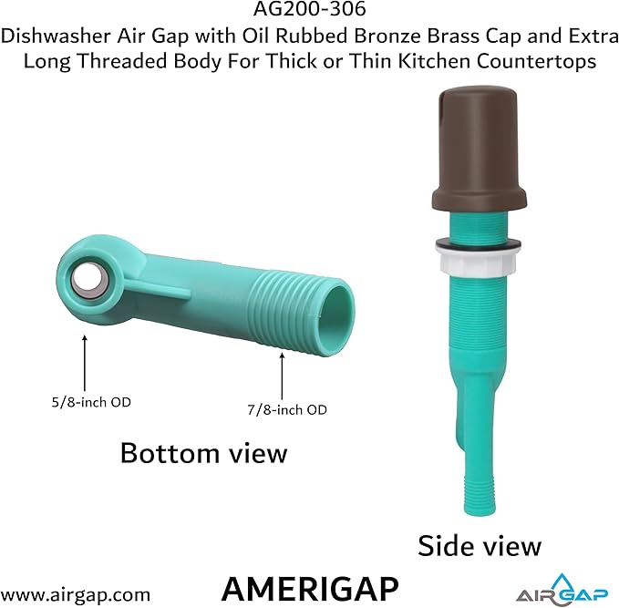 Dishwasher Air Gap with Skirted Oil Rubbed Bronze Brass Cap and Extra Long Threaded Body for Thick or Thin Kitchen Countertops (AG200-306, AG200-X06, AMERIGAP)