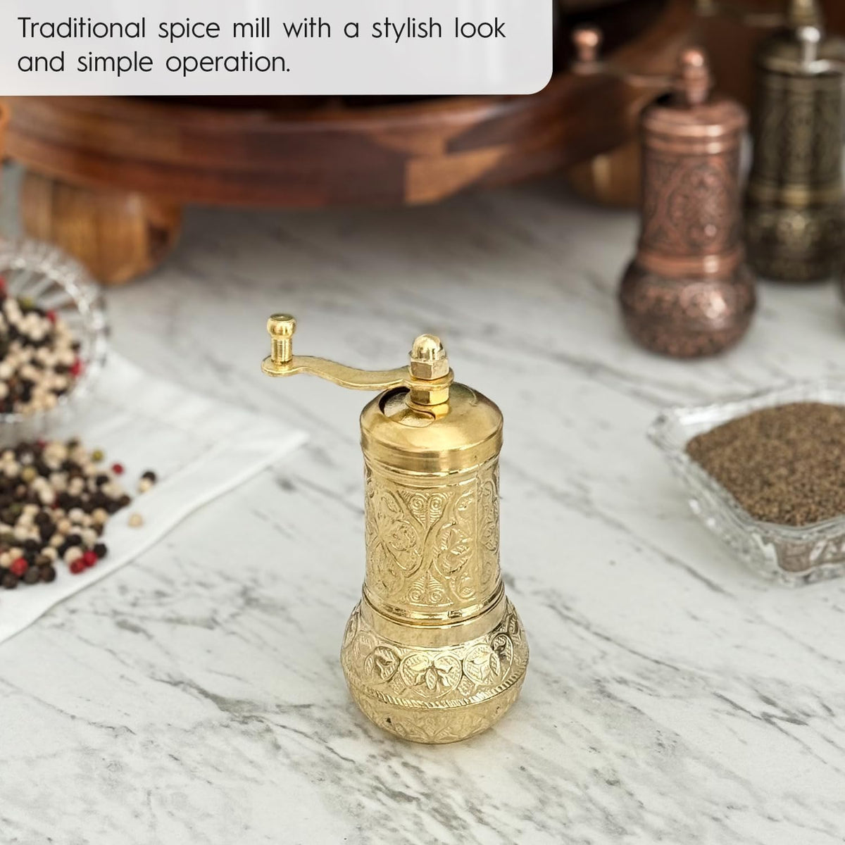 Handmade Decorative Black Pepper Grinder, Refillable Turkish Spice Mill Manual Pepper Mill with Handle, Spice Grinder Metal with Hand Crank 11 cm-4.3 inch