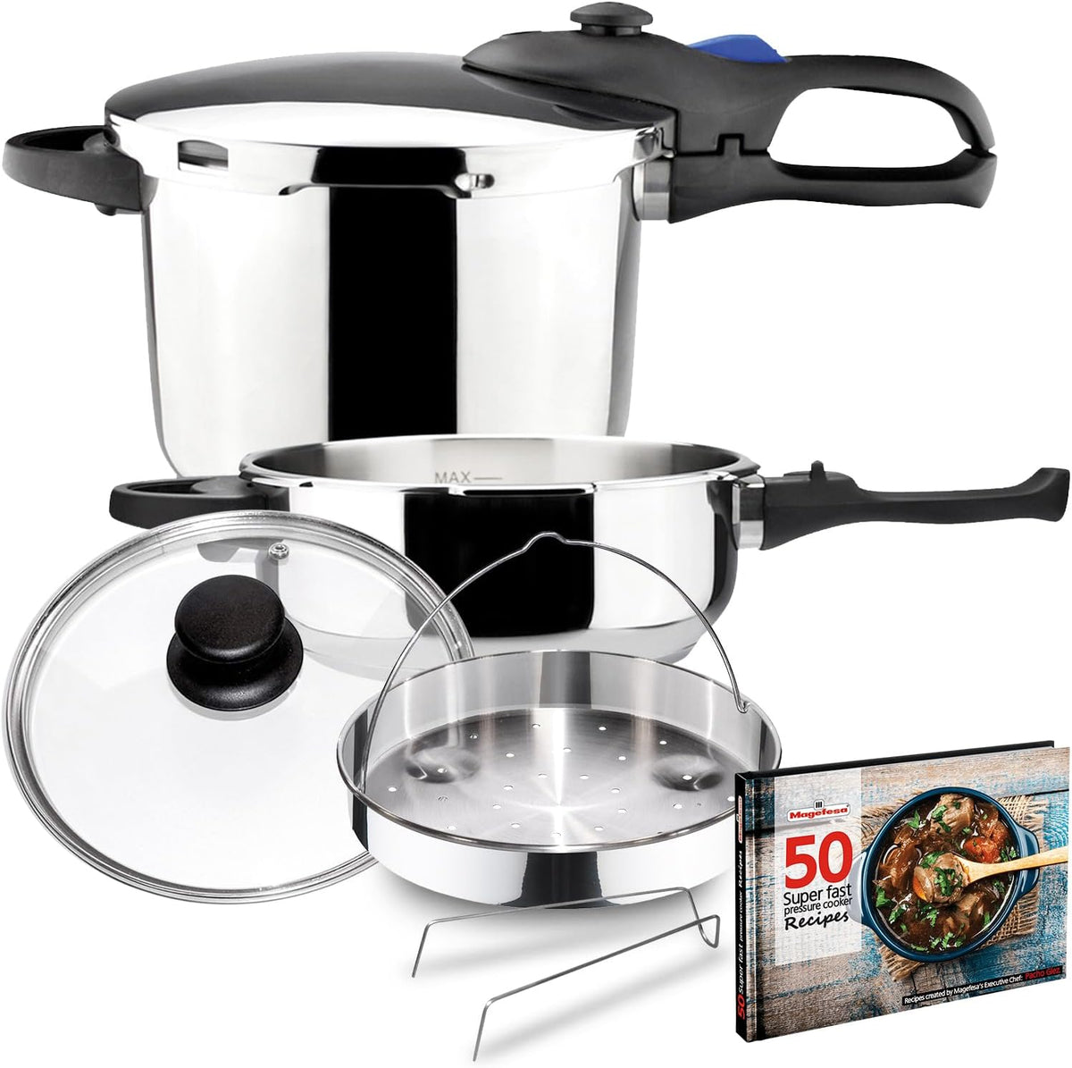 MAGEFESA Favorit Six Fast-Cooking Pressure Cooker Set, 3.2 Qt & 6.3 Qt, Stainless Steel, Induction Compatible, Heat Diffuser Base, 5 Safety Systems – Special Edition (Steam Basket, Lid & Recipe Book)