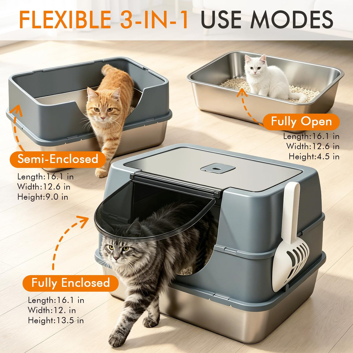 Stainless Steel Litter Box with Lid Enclosed Litter Box for Medium Cats