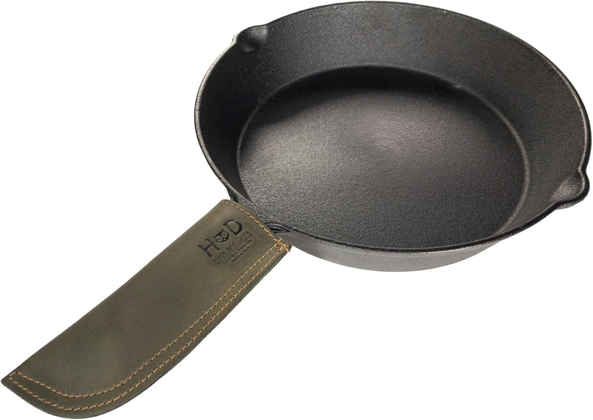 Hide & Drink, Hot Handle, Cast Iron Protector, Panhandle Potholder, Double Layered, Double Stitched, Slides On/Off Easily onto Metal Skillet Grips, Full Grain Leather, Handmade, Dark Jade