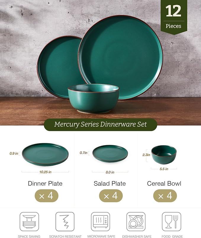 Famiware Mercury Plates and Bowls Sets, 12 Pieces Stoneware Dinnerware Sets, Dishes Set for 4, Microwave and Dishwasher Safe, Dark Green