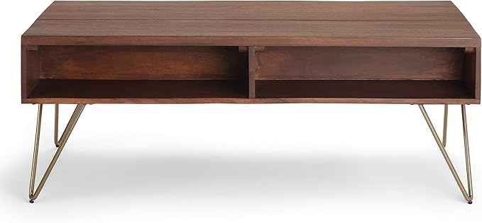 SIMPLIHOME Hunter Lift Top Coffee Table - 48 inch Wide Solid Mango Wood and Metal Industrial Cocktail Table in Umber Brown, Functional Living Room Table with 2 Storage Cubbies and Hairpin Legs