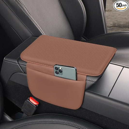 Car Armrest Cover Pad - Nappa Leather Car Center Console Cover with Breathable Holes, Non-Slip Auto Arm Rest Cushion, Universal Car Interior Accessories Fit forTesla Model Y (Dark Brown)