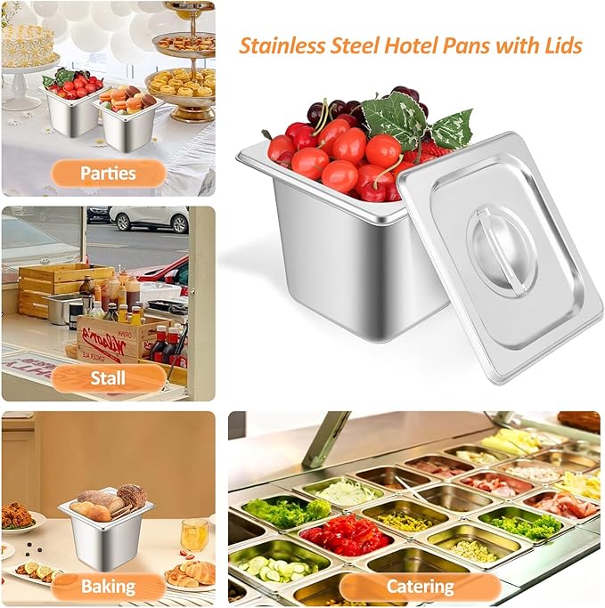 6 Set Hotel Pan 1/6 Size 6 Inch Deep Stainless Steam Table Pans with Lids Stackable Commercial Anti Jam Metal Steam Tray Catering Food Storage Steel Pan for Hotel Restaurant Buffet Party Supplies