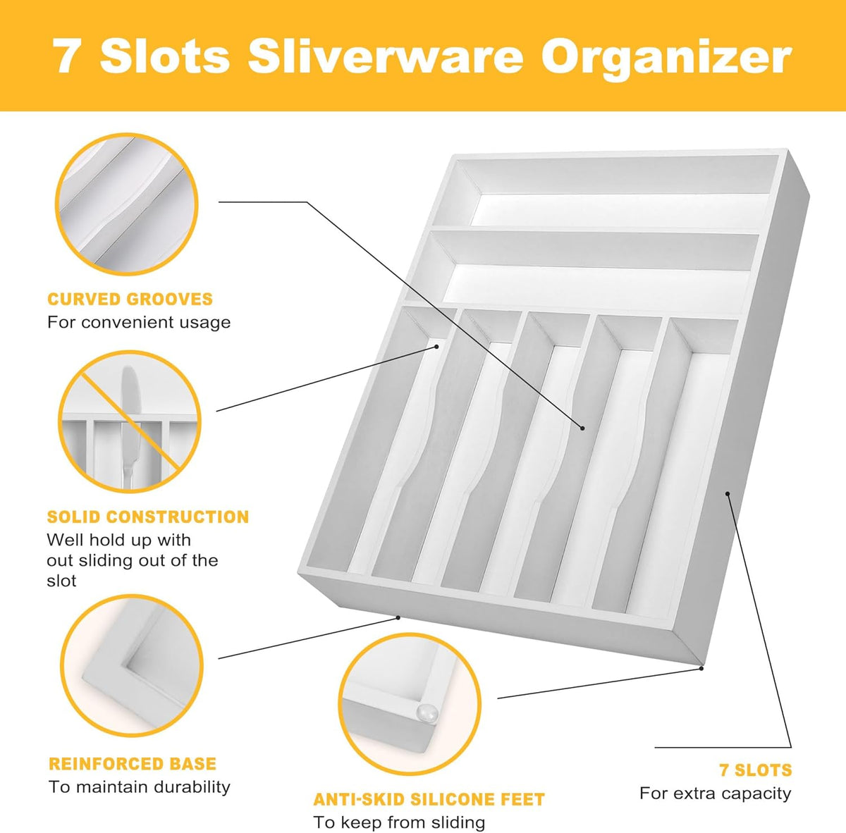 Kitchen Bamboo Silverware Organizer, Kitchen Drawer Organizer - Utensil Holder and Cutlery Tray with Grooved Drawer Dividers for Flatware 7 Slot, White