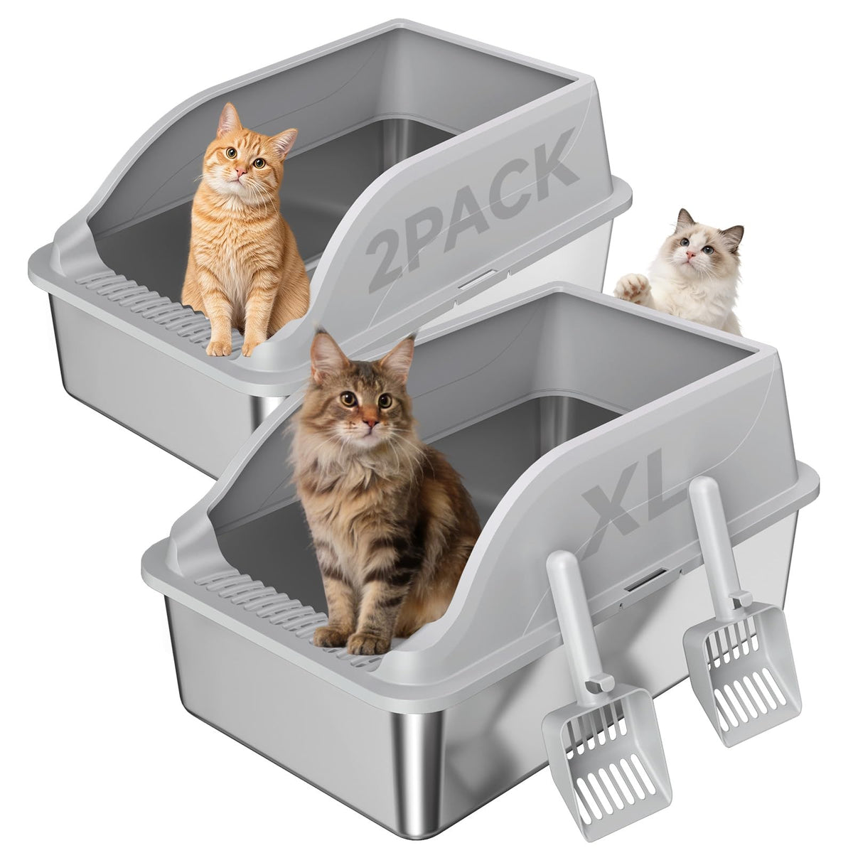 2PACK Stainless Steel Cat Litter Boxes XL Large Metal Pan Include Scoop