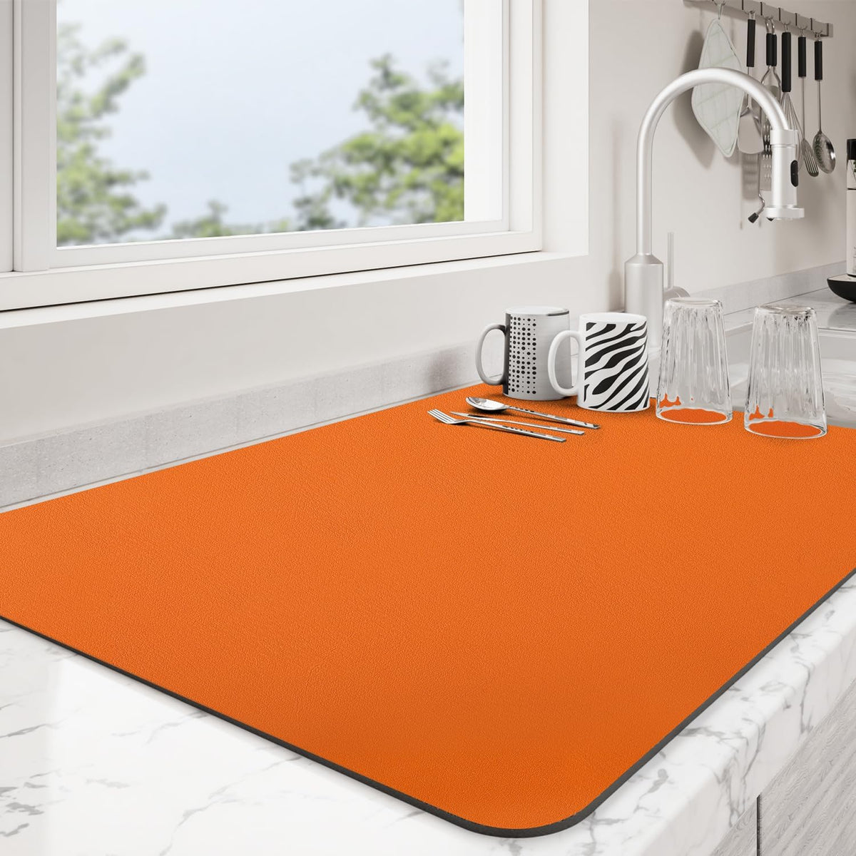 Dish Drying Mat for Kitchen Counter | Coffee Bar Mat for Countertops | Heat Resistant Drainer Mat with Non-slip Rubber Backed | Hide Stain Kitchen Absorbent Draining Mat | Orange 18"x32"
