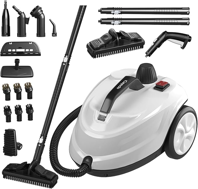 Steam Cleaner, Powerful Heavy Duty Canister Steamer with 34 Accessories, Steam Mop with 16.4 Ft Extra-Long Power Cord for Home Floor Cleaning, Grout, Upholstery, Car Detailing, White