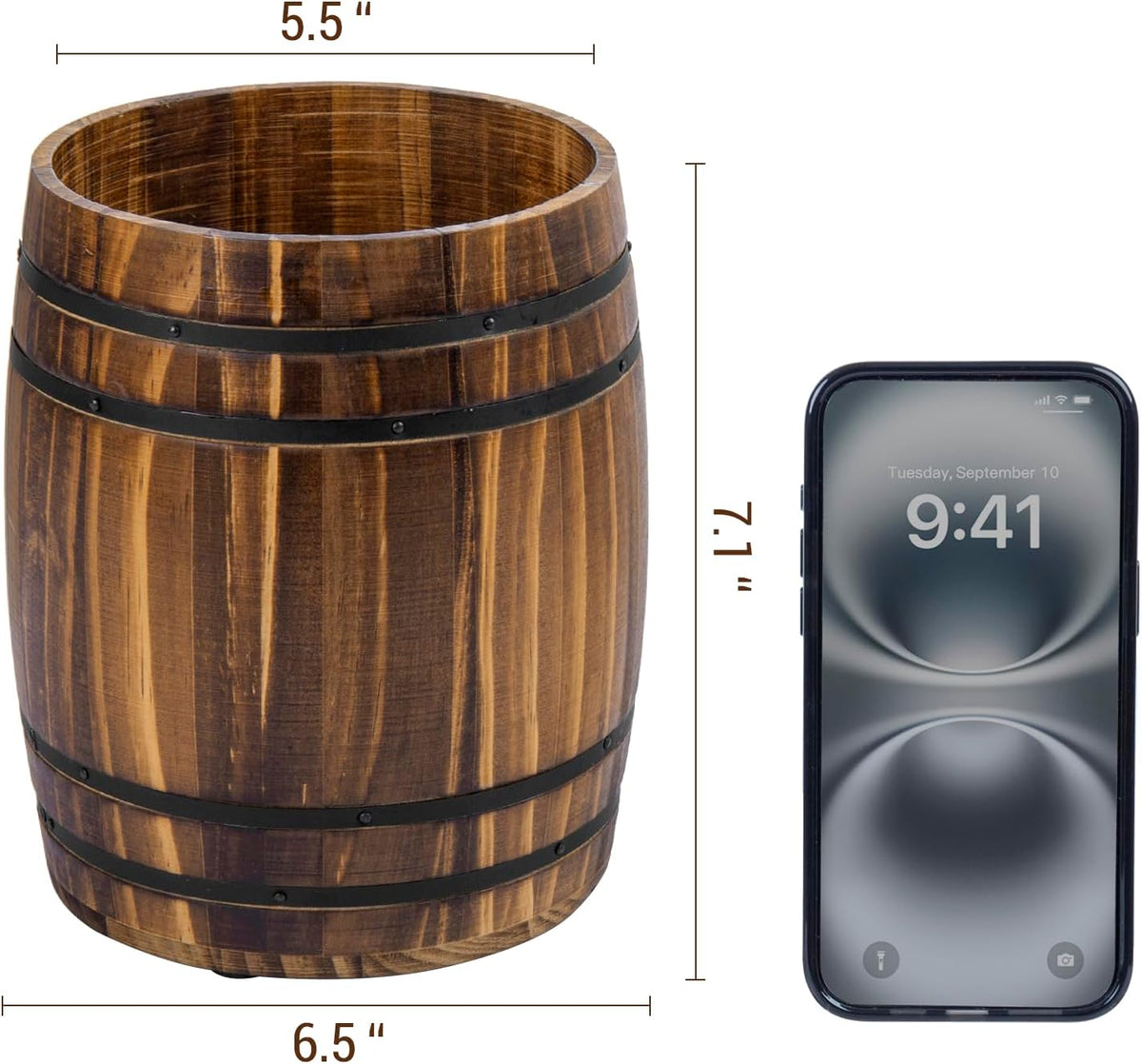MyGift Wine Barrel Design Kitchen Utensil Crock, Vintage Rustic Burnt Wood Cooking Tool Holder