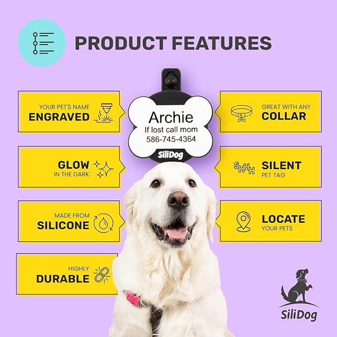 SiliDog AirTag Holder Silent Dog ID Tag – Personalized Engraved Silicone Pet Tag – Durable, Glow-in-The-Dark – Pink Bone