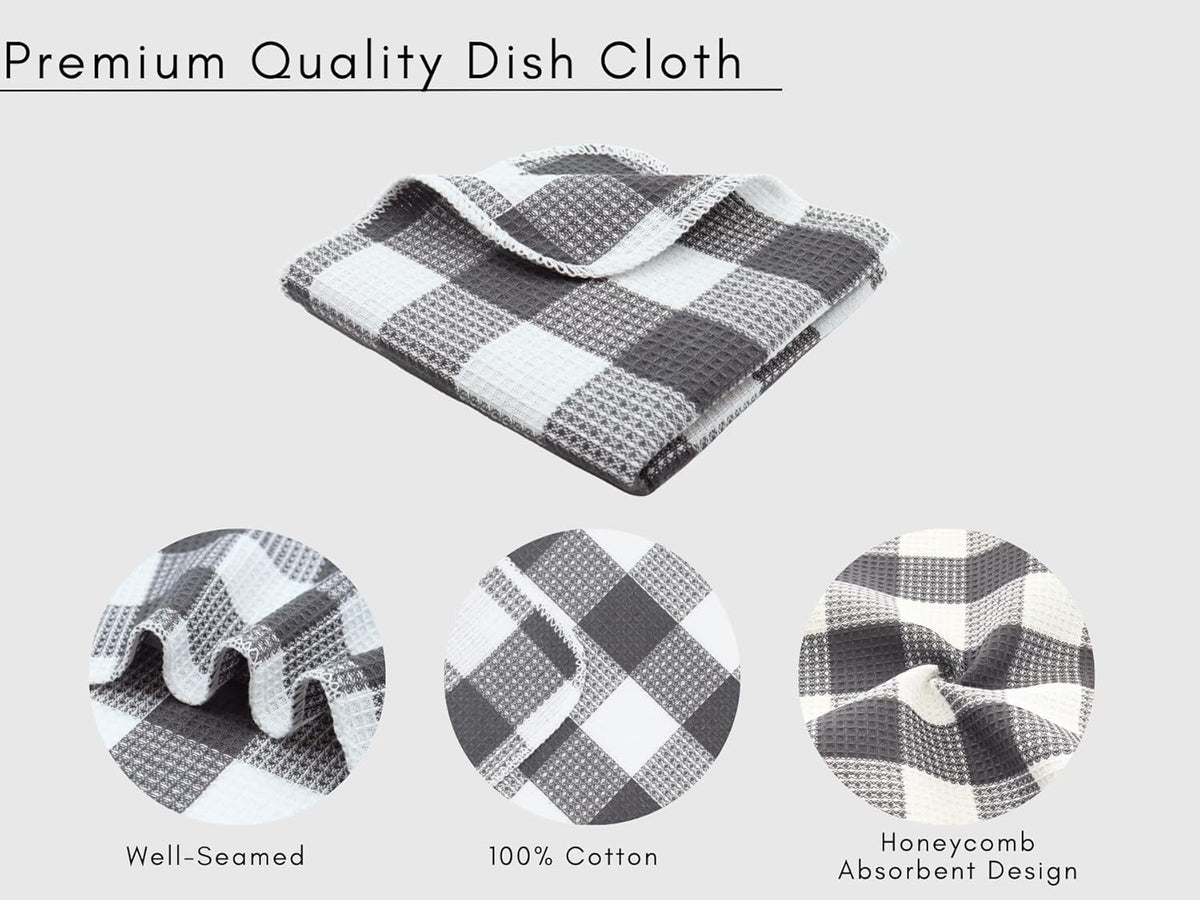 Waffle Weave Plaid Dish Cloths, 100% Cotton - 12 x 12 Inches, Ultra Soft Absorbent Quick Drying Dish Towels Buffalo Check Dish Rags for Kitchen, 6 Pack - Spring Summer - Steel Grey and White