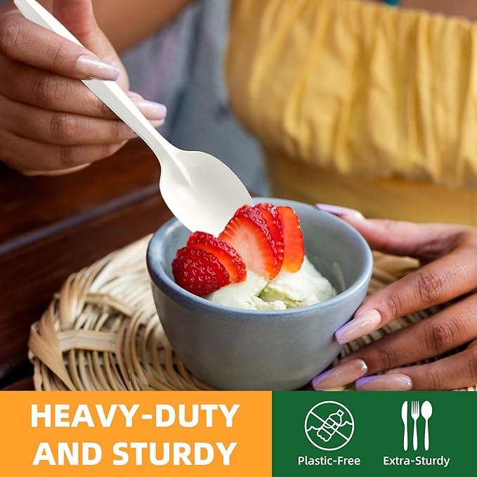 100% Compostable Cutlery Set, 300pcs (150 Forks,100 Spoons,50 Knives) Disposable Cornstarch Utensils Heavy Duty BPI Certified Eco-Friendly Party Supplies No Plastic, Ivory White