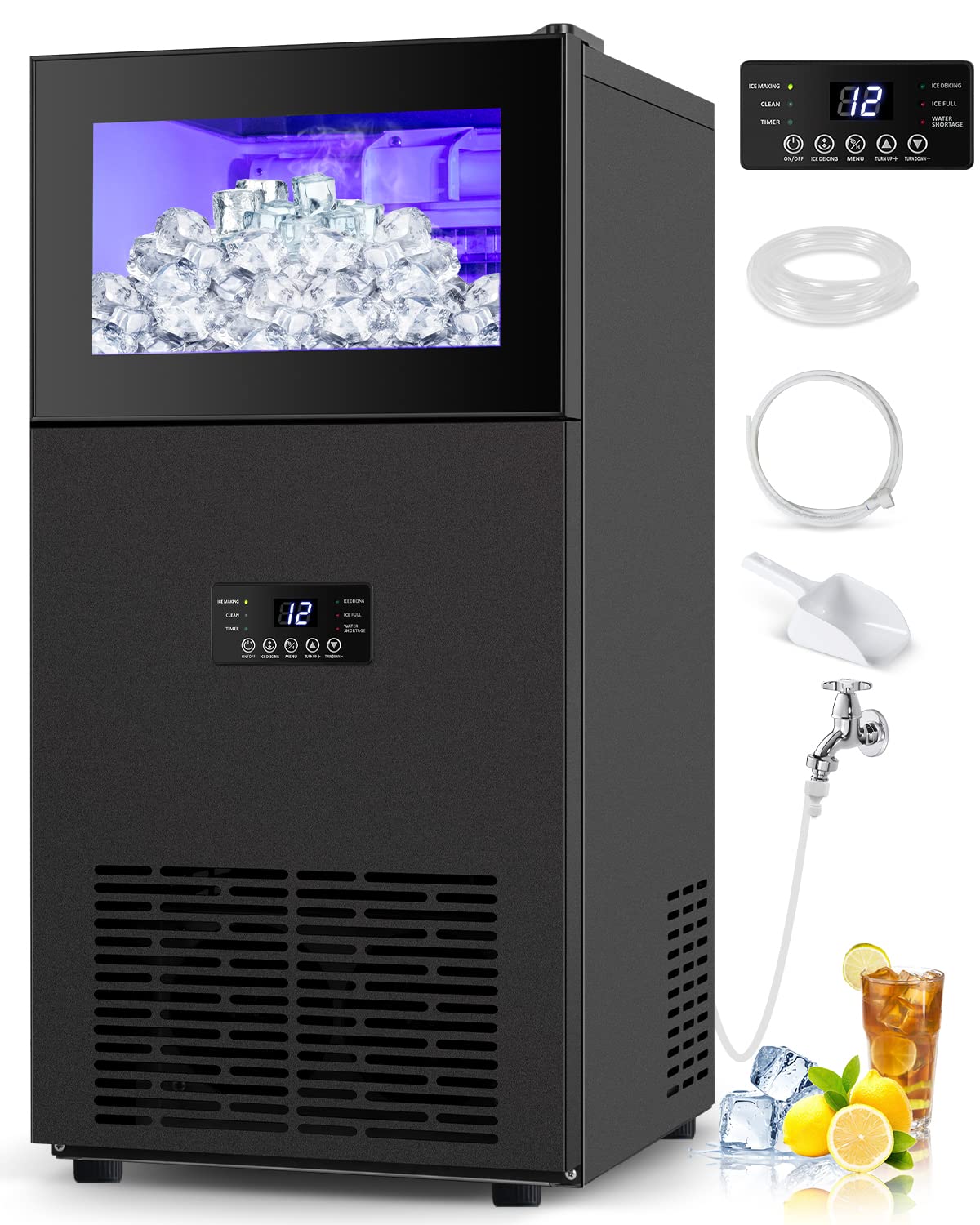 Commercial Ice Maker, 160Lbs/24H with 35Lbs Ice Capacity, 63Pcs Clear Ice Cubes per Round in 11-20Mins, 15inch Stainless Steel Under Counter Freestanding Ice Machine Maker for Home Bar Outdoor