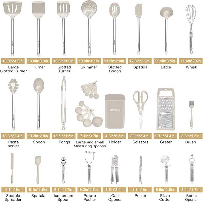 Kitchen Utensil Set-Silicone Cooking Utensils-33 Kitchen Gadgets & Spoons for Nonstick Cookware-Silicone and Stainless Steel Spatula Set-Best Kitchen Tools, Useful Pots (Khaki)