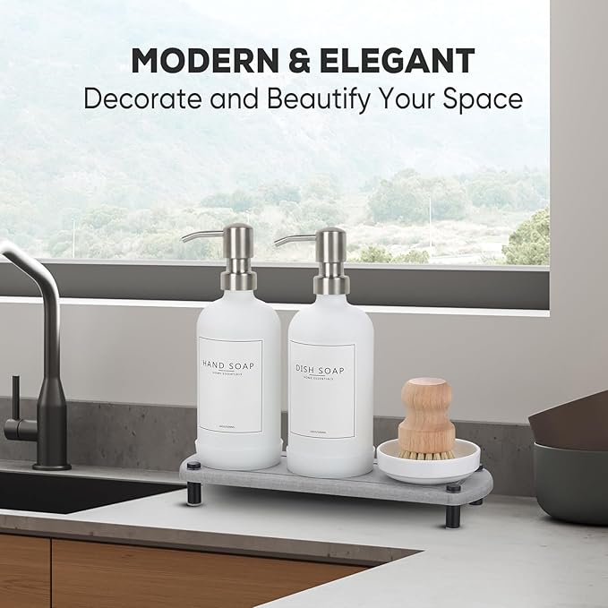 Kitchen Soap Dispenser Set with Instant Dry Tray,16 Oz Hand and Dish Soap White Glass Dispenser Set,Stainless Steel Pump,Waterproof Labels&Dish Brush,Luxury Soap Bottle for Kitchen,Bathroom