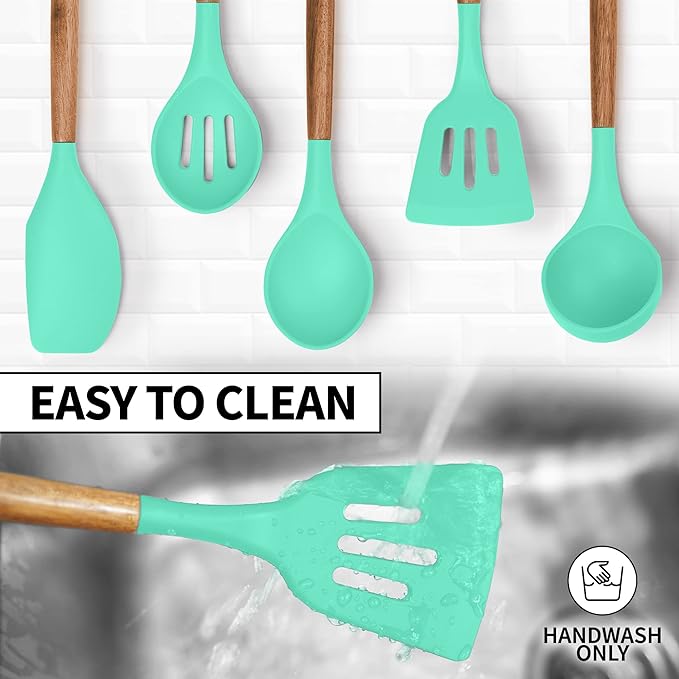 Zulay Kitchen Non-Stick Cooking Utensils Set with Authentic Acacia Wood Handles – 5-Piece Durable & Stylish Silicone Kitchen Utensils Set – Heat Resistant to 464°F – Mint