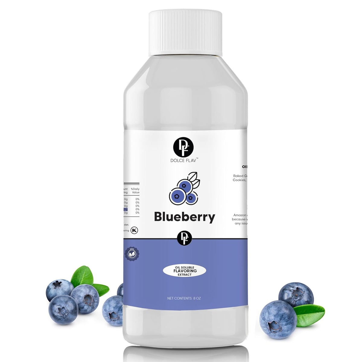 Dolce Flav Blueberry Extract – 8 Ounce Oil-Soluble Kosher, Sugar-Free, Concentrated Ripe Blueberry Flavoring for Baking, Chocolates & Desserts, Includes Measured Dropper