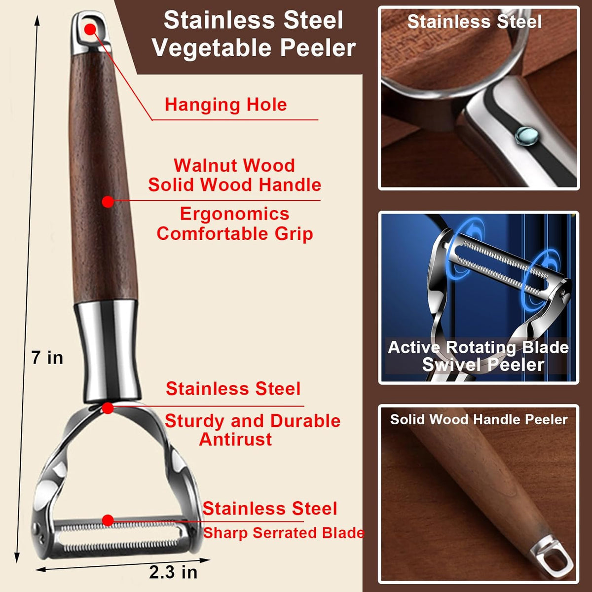 Premium Vegetable Peeler - Stainless Steel Serrated Y Potatoe Peeler for Veggie, Carrots, Apples - Ultra Sharp Swivel Blade Fruit Peeler with Ergonomic Natural Wood Handle