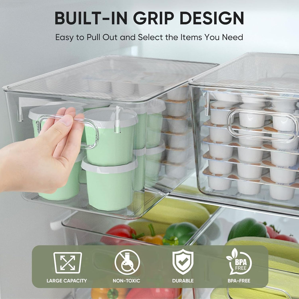 BALEINE Clear Stackable Storage Bins with Lids, Plastic Containers with Handle for Pantry Organizers and Storage, Plastic Bins for Fridge, Kitchen, Bathroom, Cabinet (13x7.4x7, 8PK)