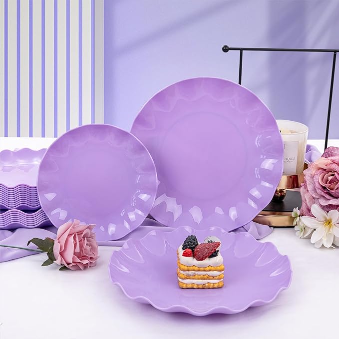 LIYH 24pcs Purple Plastic Plates Reusable, Unbreakable Dinner Plates,Scalloped Plate,Microwave & Dishwasher Safe Unbreakable Party Plate for Birthday (12Guests)