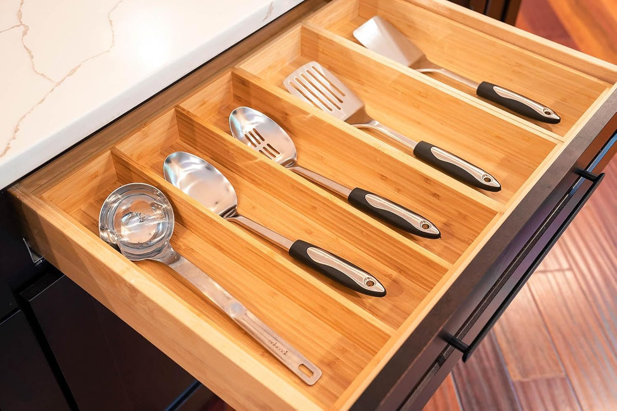 Umilife Bamboo Kitchen Utensils Organizer, 13 Inch Drawer Dividers for Silverware, Extra Deep Holder, with Non-Slip Feet, Wood Caddy for Flatware Cutlery