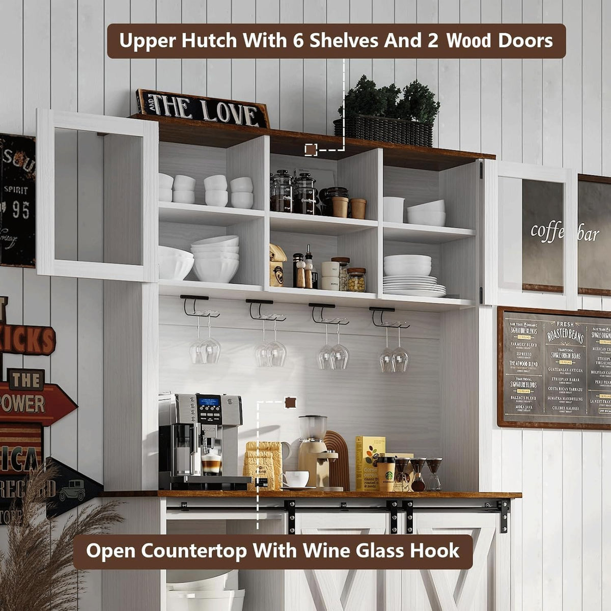 4ever2buy Farmhouse Coffee Bar Cabinet with Sliding Barn Doors, 72'' Hutch Cabinet with Storage, White Bar Cabinet with Glass Doors and Wine Rack, Tall Wine Bar for Living Dining Room