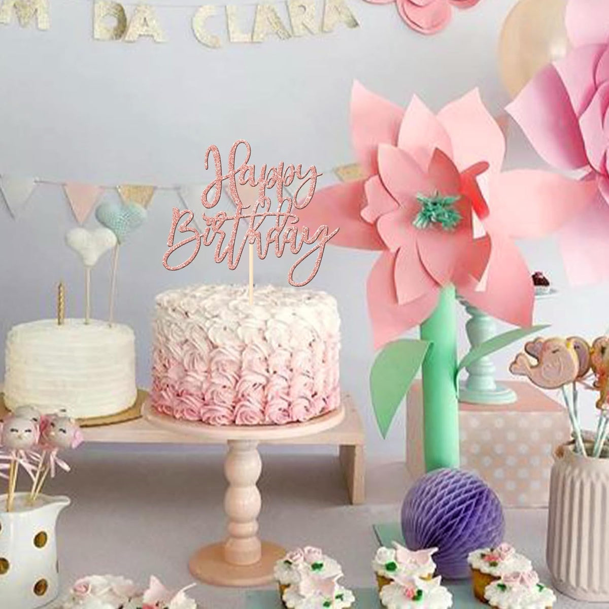 ZHUOWEISM 1 PCS Happy Birthday Cake Topper Glitter Happy Birthday Cake Pick for Celebrating Happy Birthday Anniversary Theme Party Cake Decorations Supplies Rose Gold