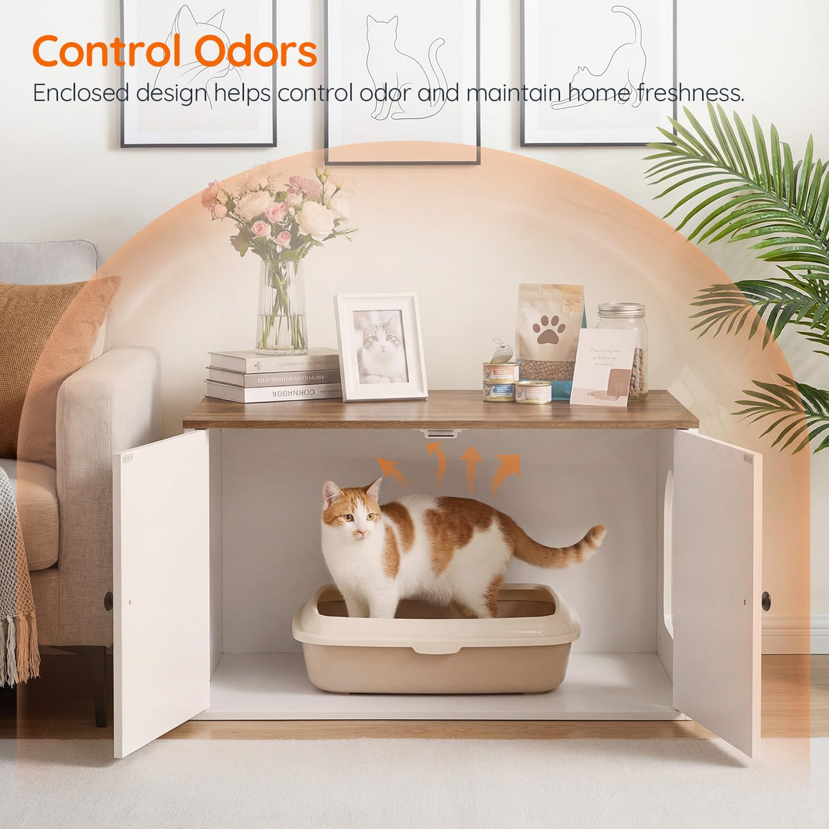 HOOBRO Cat Litter Box Enclosure, Hidden Litter Box Furniture with Side Entry, Litter Box Cabinet, Indoor Cat House, End Side Table, 31.5" L x 17.7" W x 16.3H, for Bathroom, White and Walnut WH40MW01