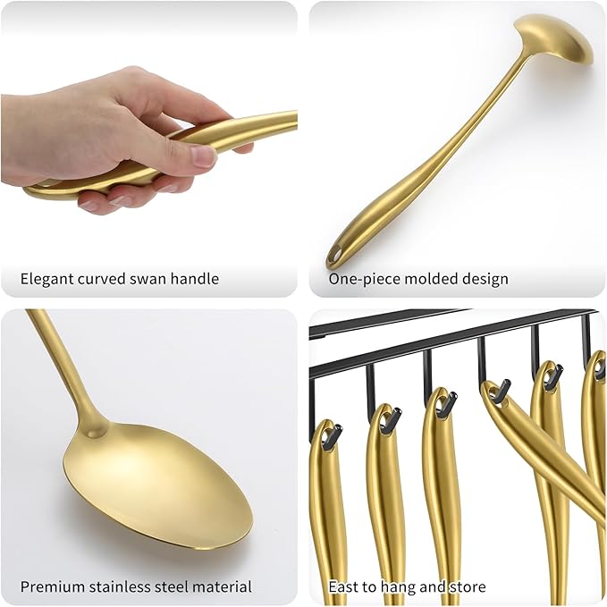 304 Stainless Steel Matte Kitchen Utensils Set, 11 Pcs Long Metal Cooking Utensils Set, Gold Cooking Utensils Set, Dishwasher Safe