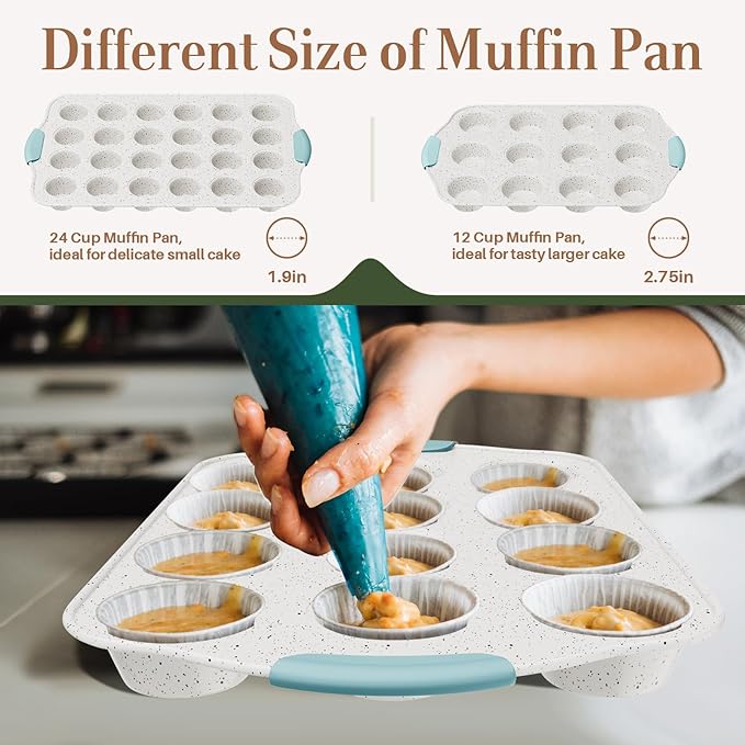 11-Piece Non-Toxic Bakeware Set – Nonstick, Stackable & Oven Safe with Heat-Resistant Silicone Handles – Cookie Sheet, Cake Pan, Muffin Mold, Pizza Tray & Bread Loaf Dish, White & Sky Blue