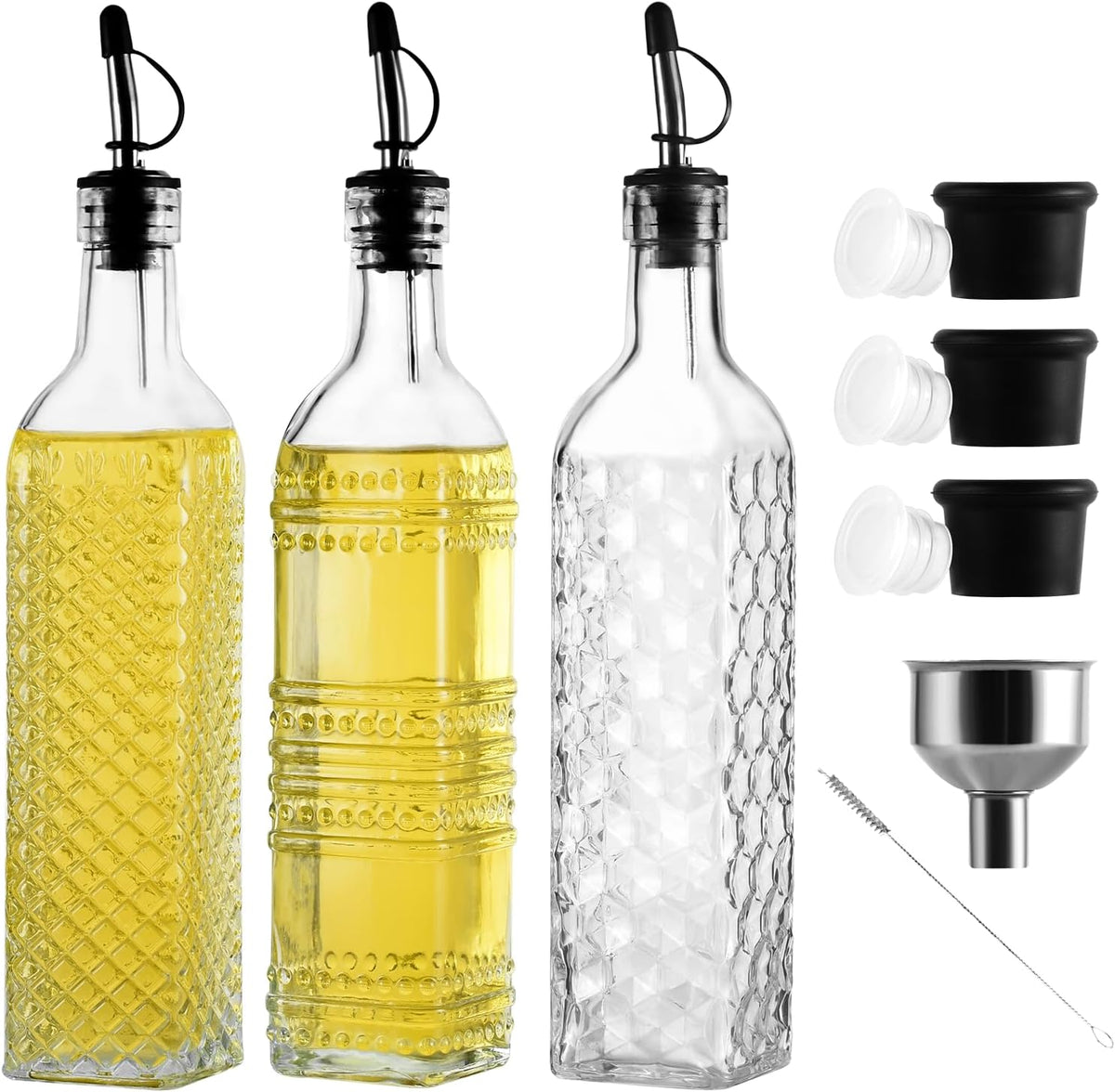 3-Pack Glass Oil Dispensers 500ML/17OZ, Oil and Vinegar Bottles Set with Stainless Steel Pourers, Brush, Funnel, Seal Caps (Square)