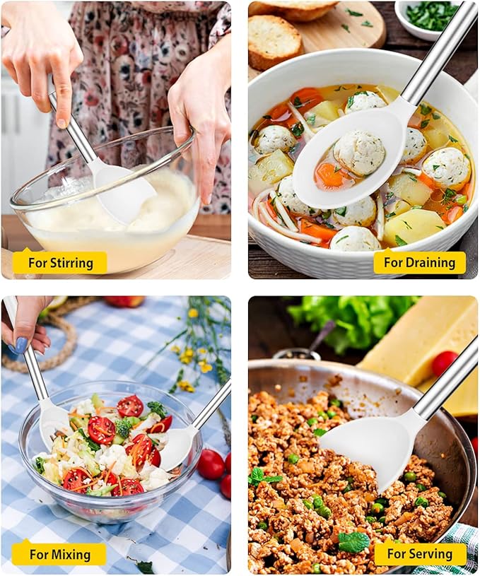Pack of 2 Large Silicone Cooking Spoons,Non Stick Solid Basting Spoon,Heat-Resistant Kitchen Utensils for Mixing,Serving,Draining,Stirring (WHITE)