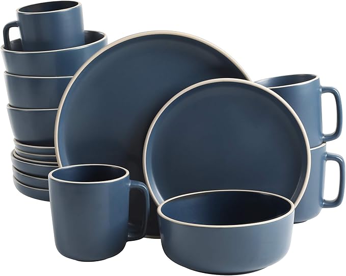 Gibson Home Zuma 16 Piece Round Kitchen Dinnerware Set, Dishes, Plates, Bowls, Mugs, Service for 4, Matte Stoneware, Cobalt Blue (127342.16R)
