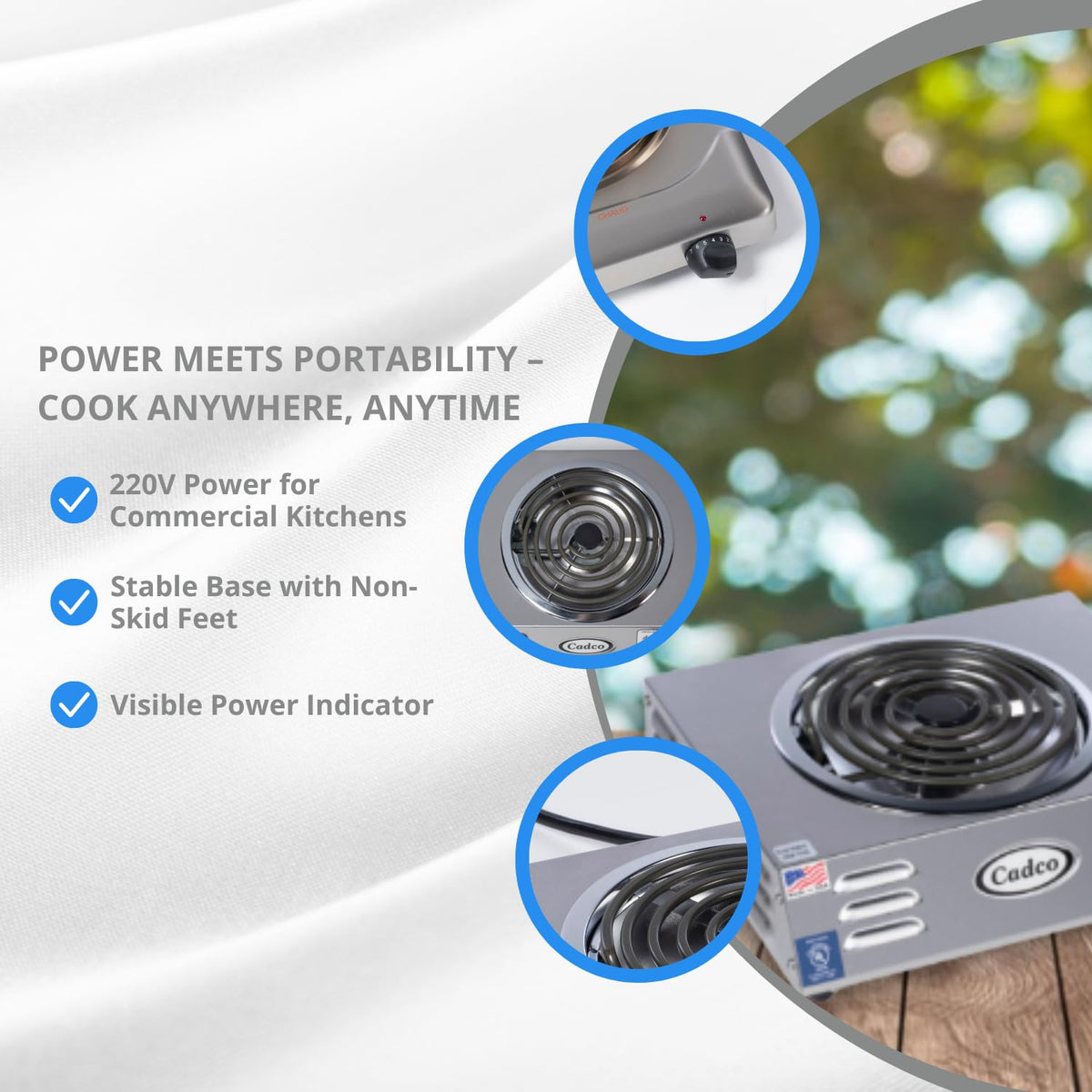 Cadco CSR-3T(220) 14" Electric Portable Countertop Hi-Power Hot Plate w/One Tubular Burner for Restaurant Hotel Food Truck Concession Kiosk, Stainless Steel, 220v