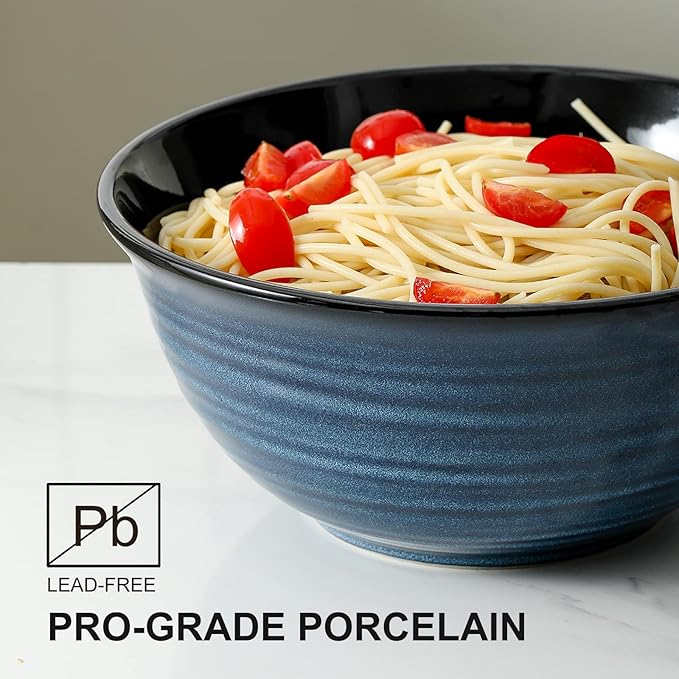 Hasense Ceramic Serving Bowls, 9 Inch Large Salad Bowls for Kitchen, 84 Ounce Mixing Bowl Set of 2, Ideal for Soup Pho Pasta Popcorn, Dishwasher & Microwave Safe(Blue)