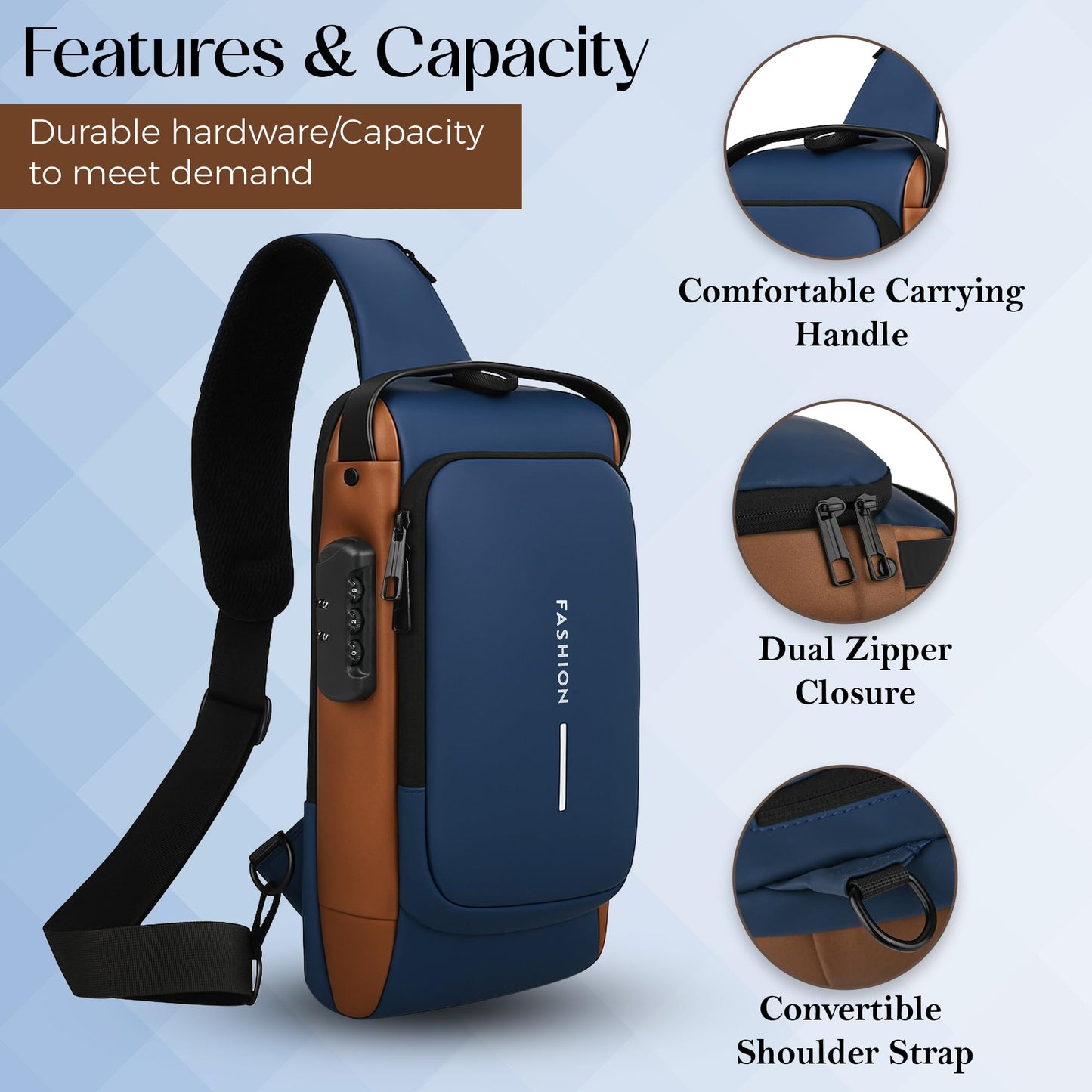 TS WITH TECHSUN Unisex Anti-Theft Sling Bag with USB Port, Water-Resistant Crossbody Chest Backpack for Travel & Work