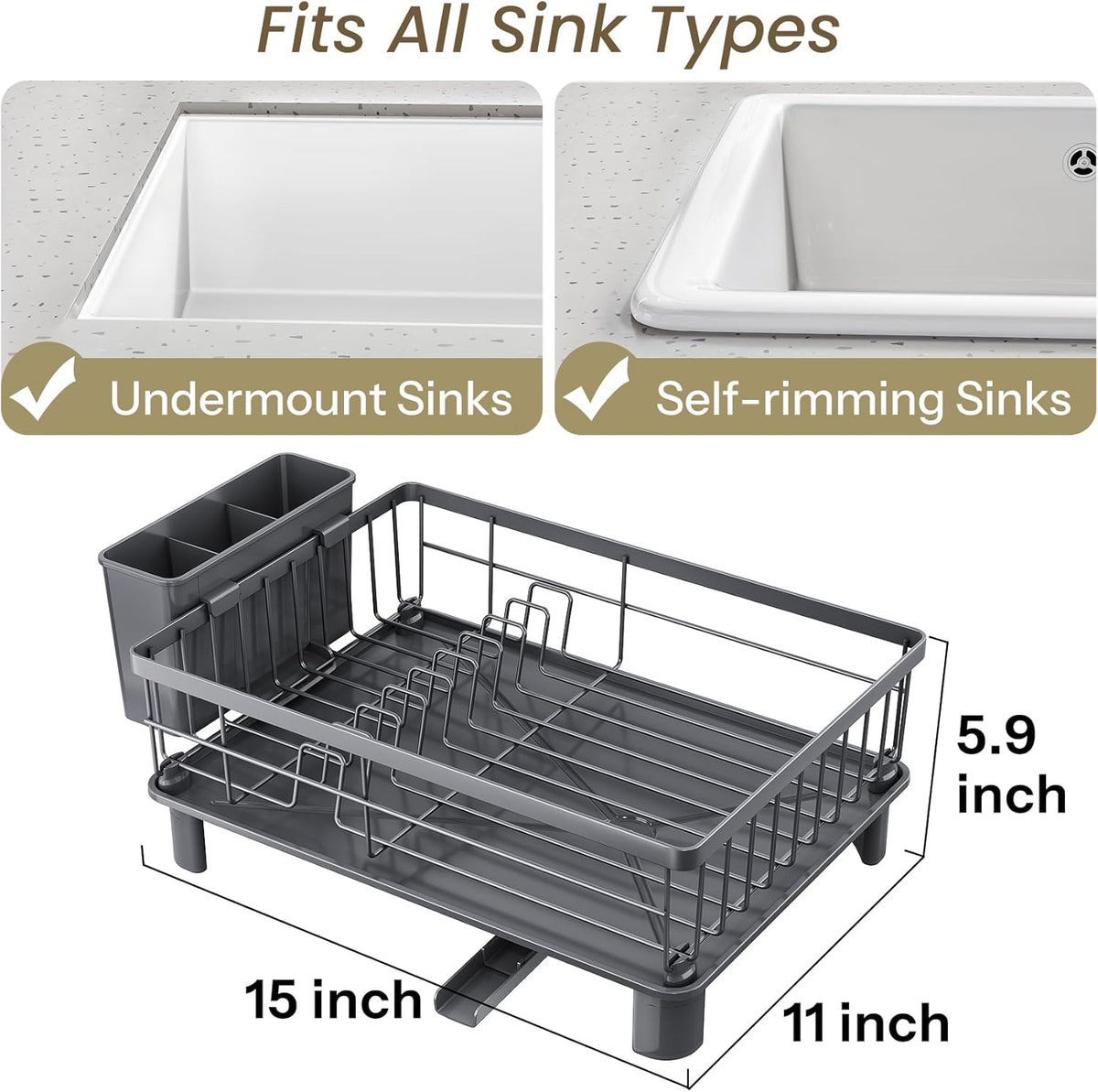 Dish Drying Rack - Small Dish Rack for Kitchen Counter, Stainless Steel Dish Drainer with Utensil Holder and Drainboard (Grey)