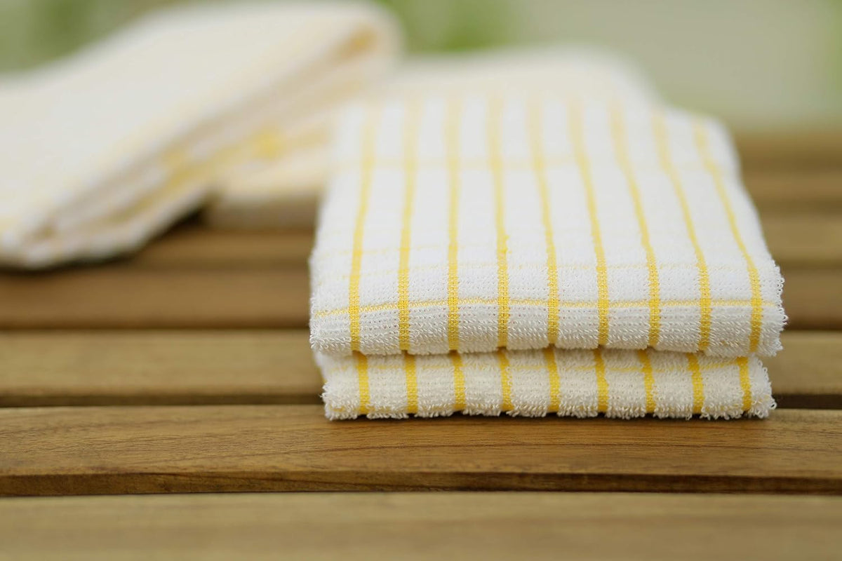 AMOUR INFINI Kitchen Towels Set of 4 - Highly Absorbent, Super Soft Terry Cotton 20x28 Inch Dish Towels with Hanging Loop - Hand & Tea Towels for Cleaning & Drying Dishes (Yellow)