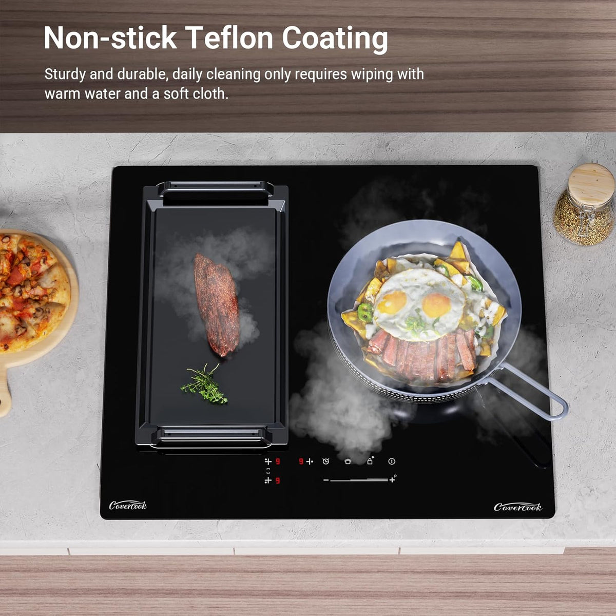 COVERCOOK Griddle Pan, Cast Iron Grill Hot Plate, Rectangular Grill with Flat Surface for Electric Stove Top and Induction Cooktop,16.7 x 9.1in