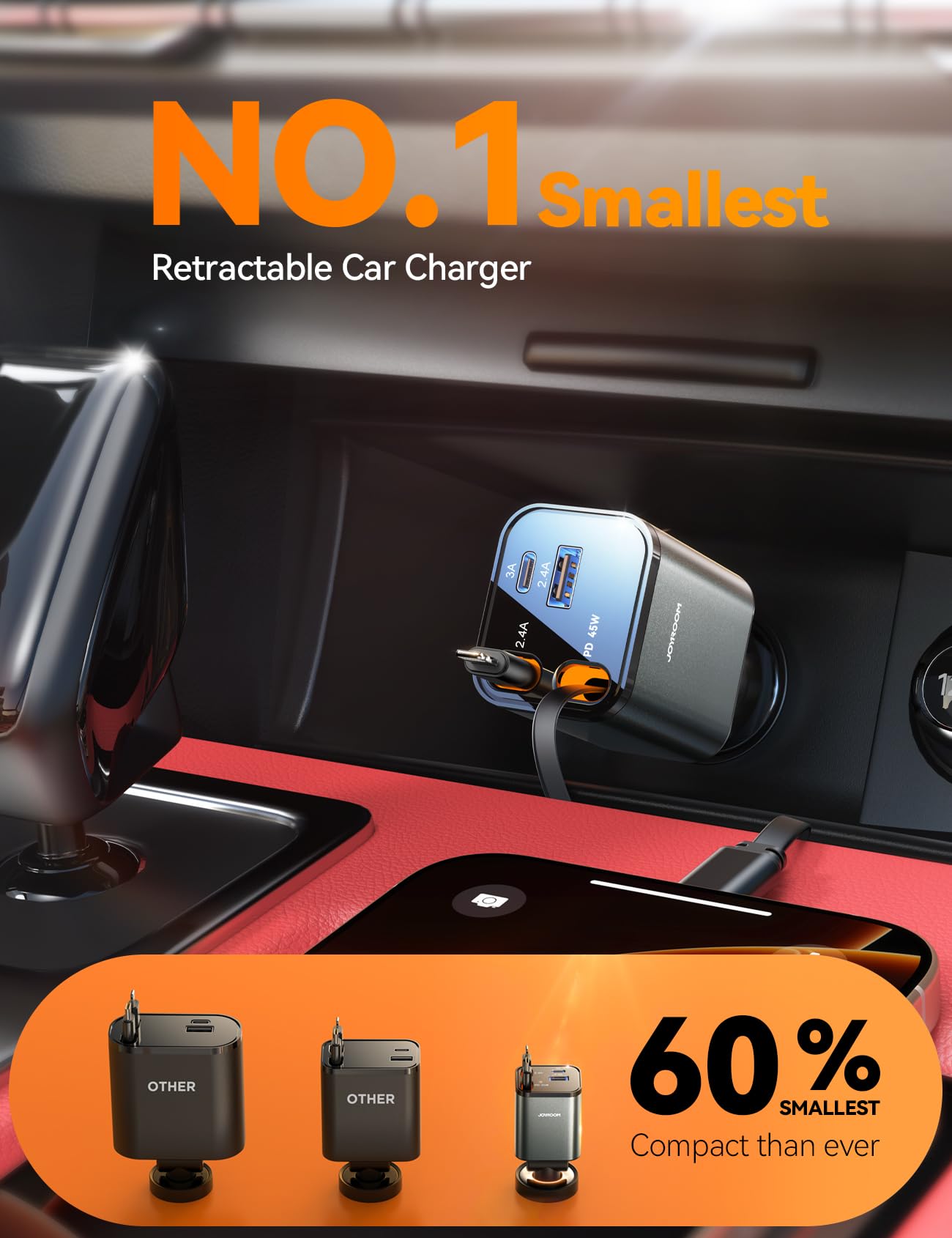 JOYROOM Retractable Car Charger 84W Car Charger USB C Fast Charge 4 in 1
