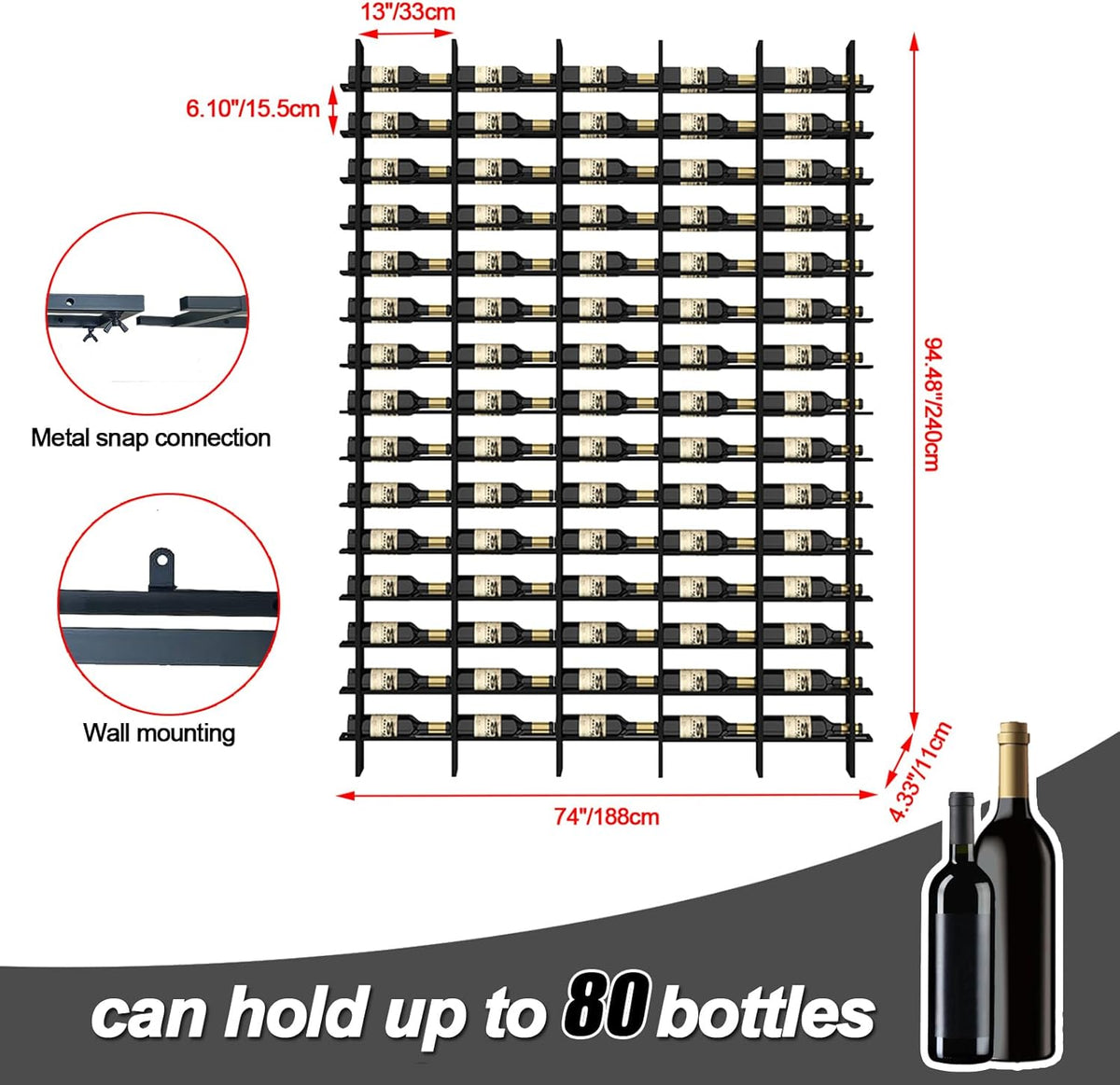 Wine Rack Freestanding Floor, 16 Tier 80 Bottle Capacity Display Holder, Black Industrial Wine Bottle Storage Shelves, for Any Bar, Wine Cellar, Kitchen, Dining Room (Black, 5 Column)